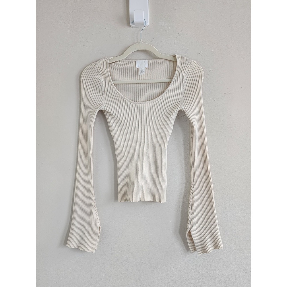 H&M Cream Flared Sleeve Ribbed Knit Sweater XS Minimalist Timeless Winter Chic